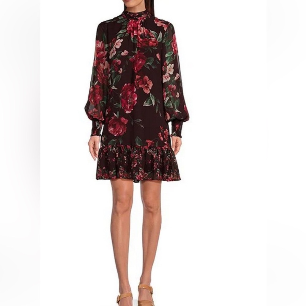 Alex Marie Tinsley Chiffon Mock Neck Ruffled Mini Shift Dress Size 6